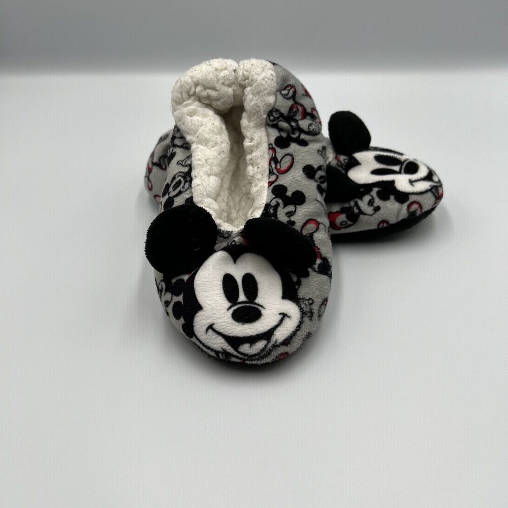 Disney Mickey Mouse Toddler Slippers One Size Gray Fuzzy Sherpa Non Slip Socks